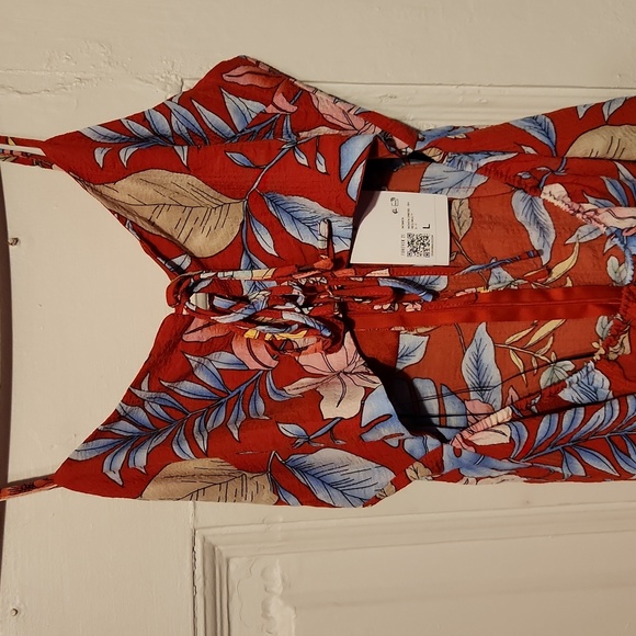 Women's, New Sz Large, Floral Woven Sexy Summer Sun Dress front Peekaboo, Tie Up - Picture 3 of 6